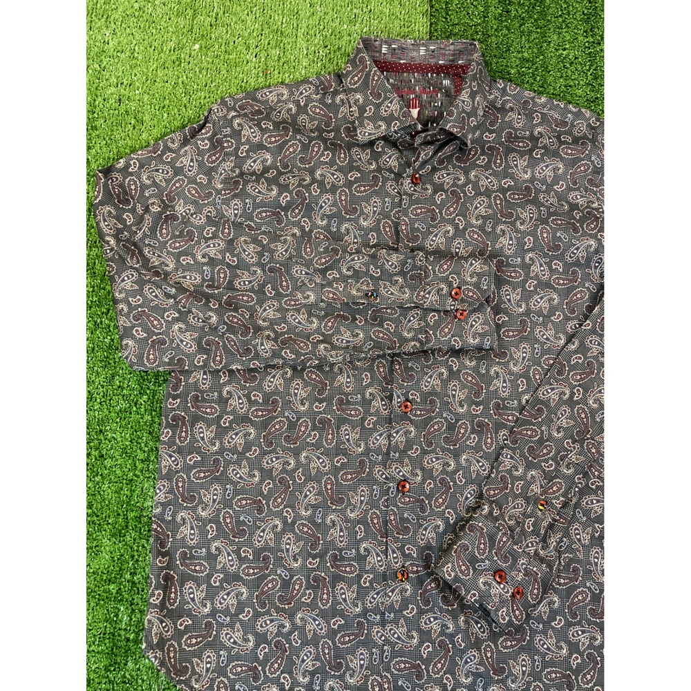 Visconti Black Mens LG Paisley Plaid Button Down Shirt Grey Orange Long Sleeve